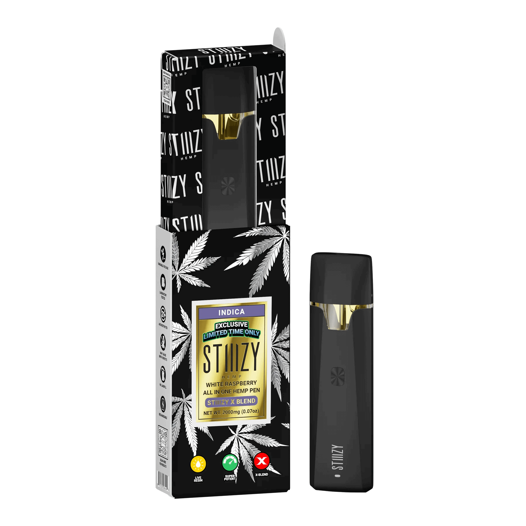 A package of STIIIZY Exclusive: AIO X-Blend Disposable Vape Pens (2g) with a black box.