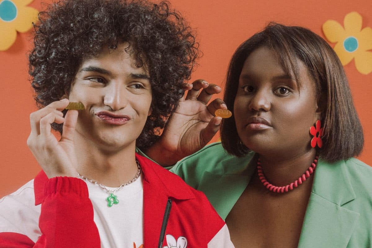 A guy and a girl high on mushroom gummies