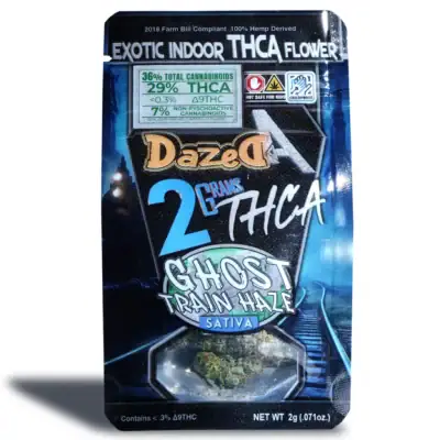 Dazed THCa Exotic Indoor Flower 2g – Ghost Train Haze A Packet Of Dazed8 THCa Exotic Indoor Flower Ghost Train Haze 2g
