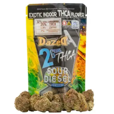Dazed THCa Exotic Indoor Flower 2g – Sour Diesel A Packet of Dazed8 THCa Exotic Indoor Flower Sour Diesel 2g