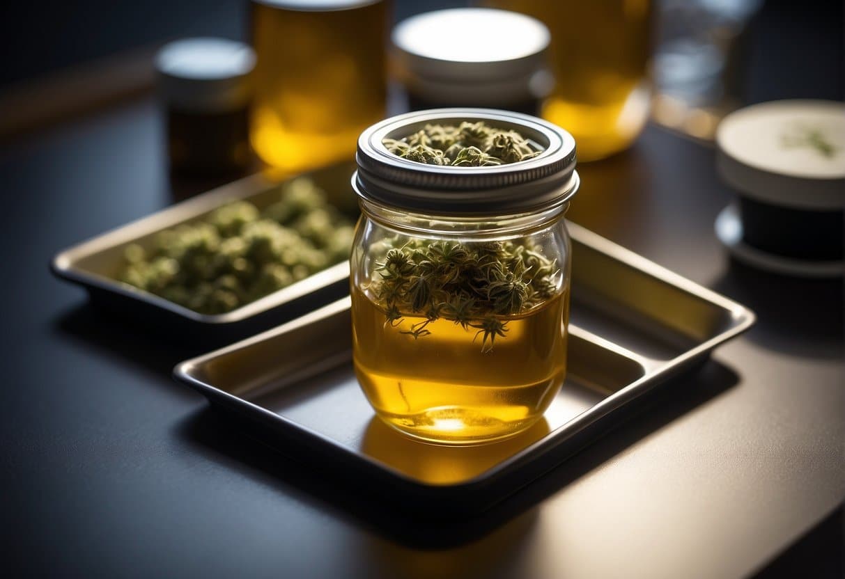 Delta 8 THC oil in a mason jar on a tray.