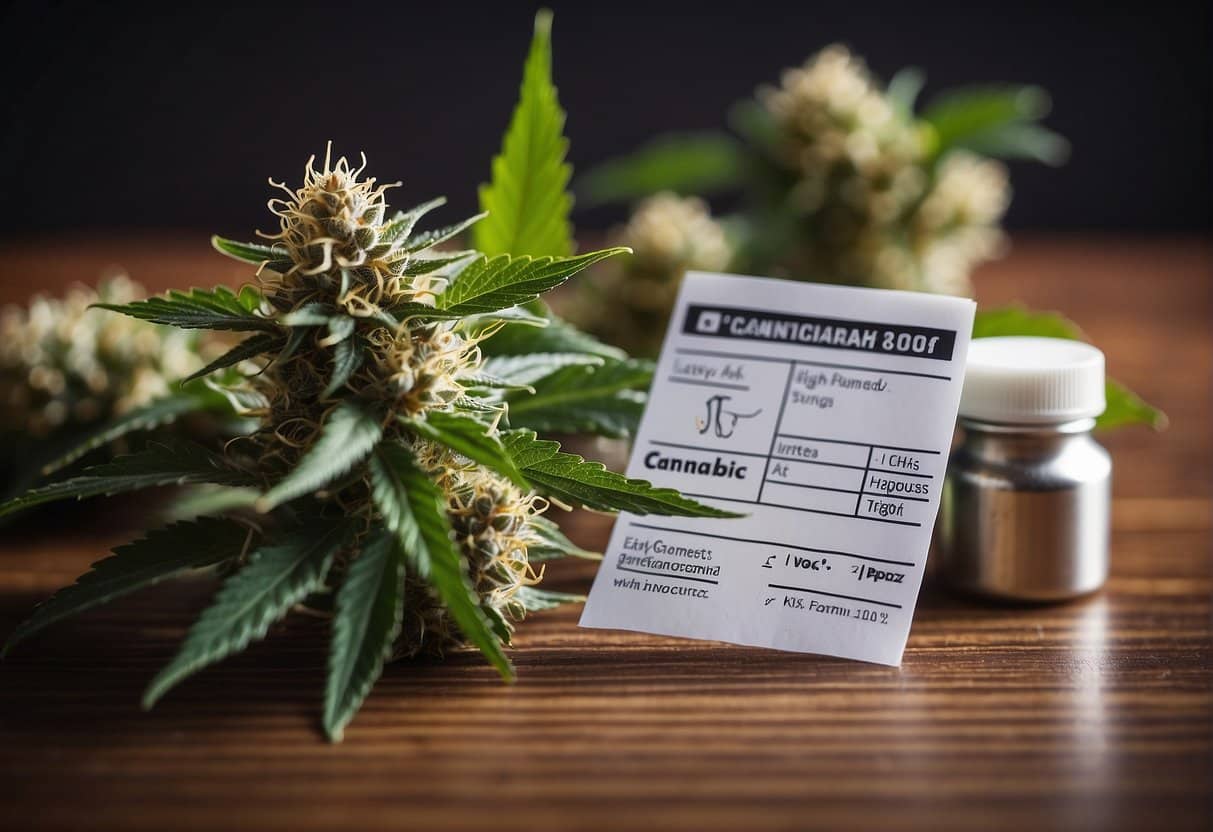 Keywords: Cbd oil, cannabis plants  Modified description: Cbd oil and cannabis plants on a wooden table.