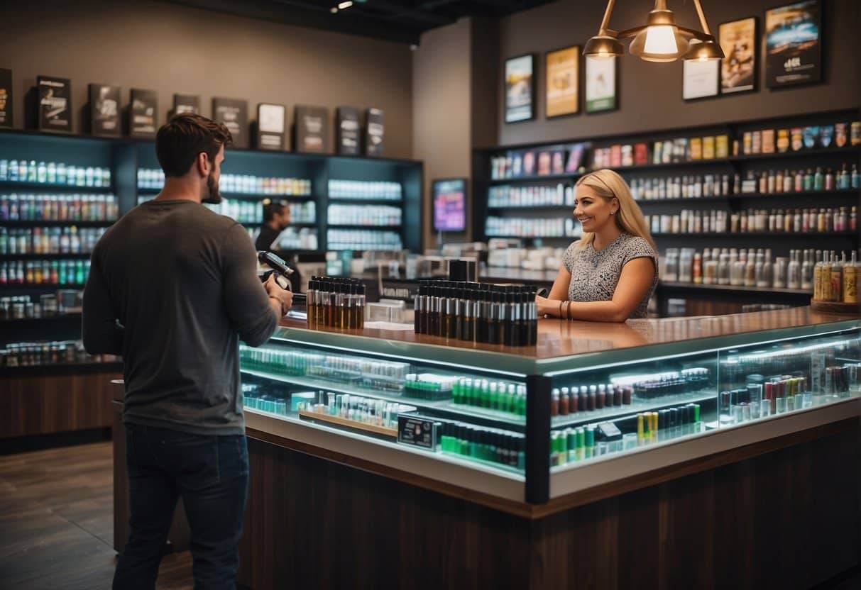 A customer discusses California vape rules with a store attendant.  