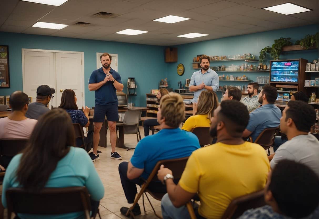 Two men in Florida are teaching a seated audience about hiring and training workers.  