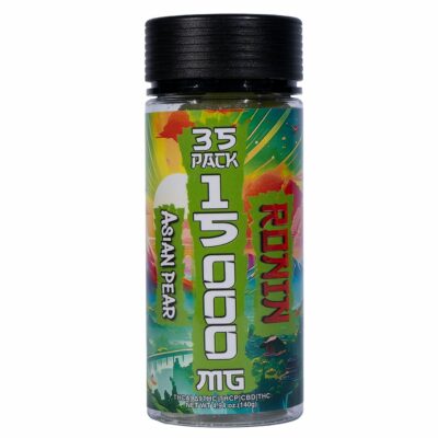 Ronin THCa Gummies 440mg 35pc – Bulk Deal A bottle labeled "Ronin THCa Gummies 440mg | 35pc" containing 35 packs of a product. The front displays vibrant artwork with green and yellow colors.