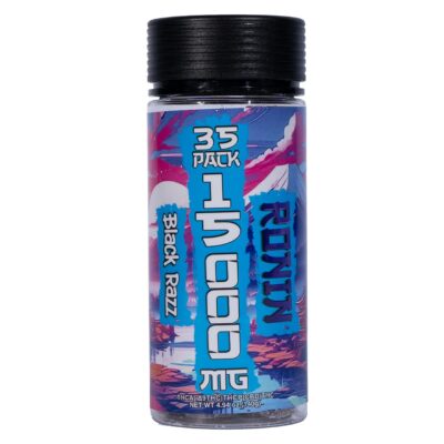 Ronin THCa Gummies 440mg 35pc – Bulk Deal A cylindrical container with a black lid labeled "Ronin 35 Pack 1000 MG Black Razz". The label features vibrant colors with a blue and purple design. Contains Ronin THCa Gummies 440mg | 35pc.