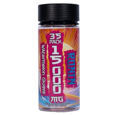 Ronin THCa Gummies 440mg 35pc – Bulk Deal Clear plastic bottle with a black cap labeled "Ronin THCa Gummies 440mg | 35pc." The label features colorful graphics and cannabis product information.