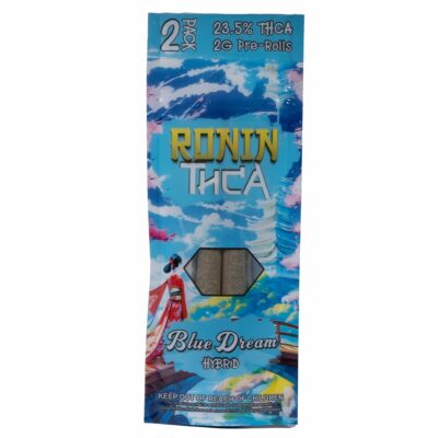 Package of Ronin THCa 2-Pack Pre-Rolls (4g), containing 4g in two 2g pre-rolls with 23.5% THCa. The packaging boasts a colorful, scenic design.