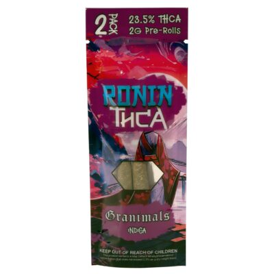 A pack of "Ronin THCa 2-Pack Pre-Rolls (4g)" with 23.5% THCa. The package is colorful and includes a "Keep out of reach of children" warning.