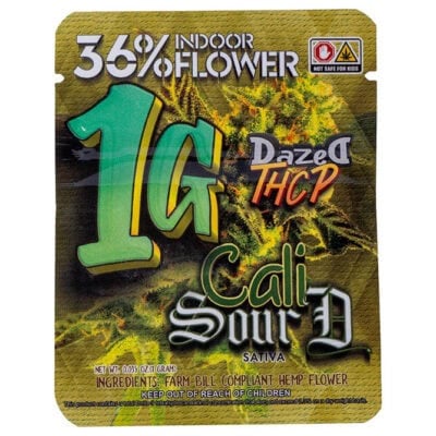 Dazed THCP Premium Indoor Flower 1g The packet, labeled 36% Indoor Cannabis Flower, 1G, Dazed THCP Blue Alien, warns to keep out of childrens reach and features a green and yellow leafy design.