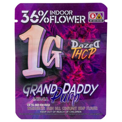 Dazed THCP Premium Indoor Flower 1g – Grand Daddy Purp The Dazed THCP Premium Indoor Cannabis Flower 1G (Blue Alien) boasts eye-catching purple packaging and an impressive 36% content. Warning: Not safe for kids. It includes farm bill compliant hemp flower and a hint of Blue Alien allure, making it a must-have for enthusiasts.