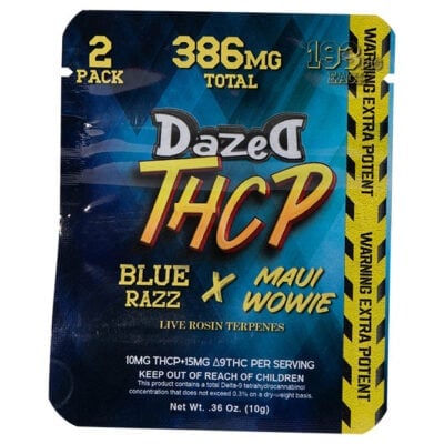 Dazed THCP Gummies 386mg 2pc The Dazed THCP Gummies 386mg 2 pc packaging highlights bold Blue Razz x Maui Wowie flavors, with 2 Pack and 386mg total. Each serving features a potent mix of 10mg THCP and 15mg Δ9THC for an elevated experience.