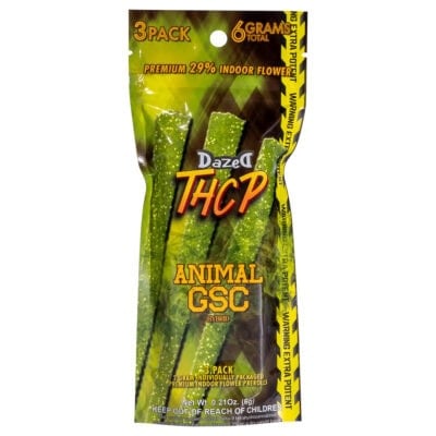 Dazed THCP Pre-Rolls 2g 3ct The Dazed 3-Pack THCP Pre-Roll 2g Animal GSC hybrid packaging showcases bold graphics and delivers 6 grams of premium indoor flower. It features an intoxicating effect warning, ensuring each meticulously crafted preroll is perfect for those seeking top-shelf quality.
