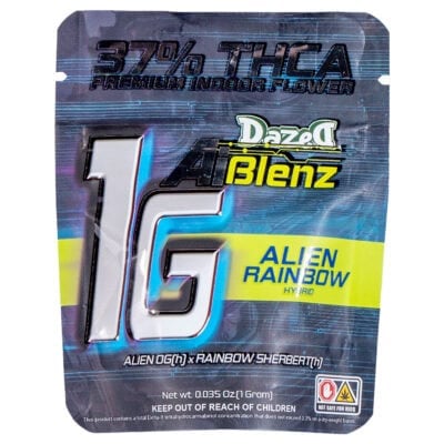 Dazed AI Blenz Premium Indoor THCa Flower 1g The Dazed AI Blenz packaging highlights 1G for one gram and 37% THCA Premium Indoor Flower. A warning symbol advises keeping it out of childrens reach. The design features a futuristic, colorful theme ideal for cannabis enthusiasts.