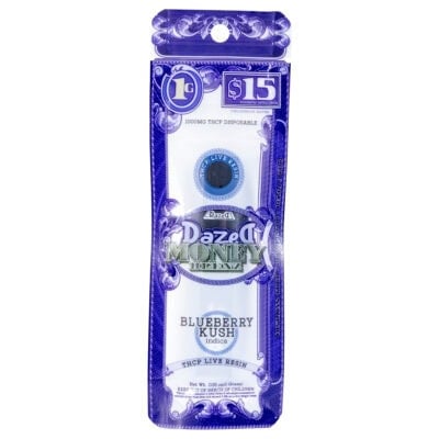 Dazed THCP Money Blenz Disposable 1g The blue and white Dazed8 Money Bag package displays the Blueberry Kush indica Dazed THCP Money Blenz Disposable 1g with 3000mg. Priced at $15, it features a cannabis leaf icon, adult-use warnings, and a design similar to Money Blenz currency.