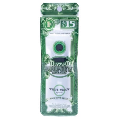 The green and white packaging of the $15 Dazed THCP Money Blenz Disposable 1g, labeled Dazed Money, features the hybrid White Widow and highlights its THCP Live Resin content with a central circular logo that captures attention effortlessly.