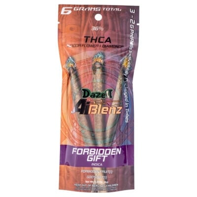 Dazed Ai Blenz THCA Pre-Roll 2g 3pk The maroon and copper packaging for Dazed 3-Pack AI Blenz THCA Pre-Roll indica is striking. Inside, youll find 6 grams with 36% THCA indoor flower and diamonds. The prominent logo echoes their exclusive dazed THCP prerolls, offering two grams of blissful indulgence.