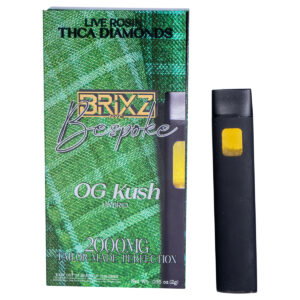 The image features a BRIXZ NYC Bespoke THCA Disposable 2g, part of the Brizz OG Kush hybrid collection. It has a sleek green and black package with 2000MG and THCA Diamonds displayed, showing a black vape pen with a yellow liquid chamber.
