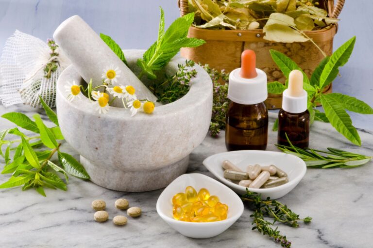 A collection of botanical products with some herbs