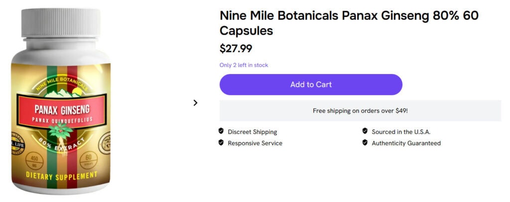 Nine Mile Botanicals Panax Ginseng 80% 60 capsules for sale
